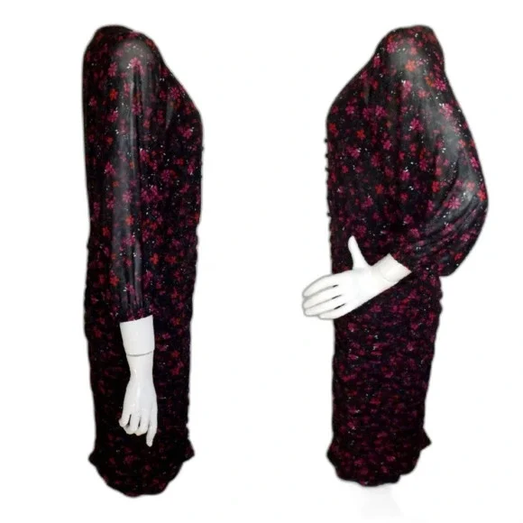 new TORRID Dress, 0/L, Black, Red/Purple Floral, Ruched Skirt, Scoop neck, Meshy - Picture 9 of 16